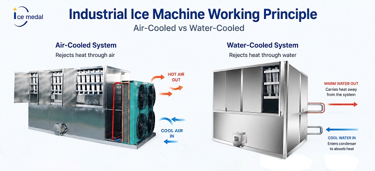 Funktionsprinzipdiagramm der luftgek&uuml;hlten und wassergek&uuml;hlten industriellen Eismaschine